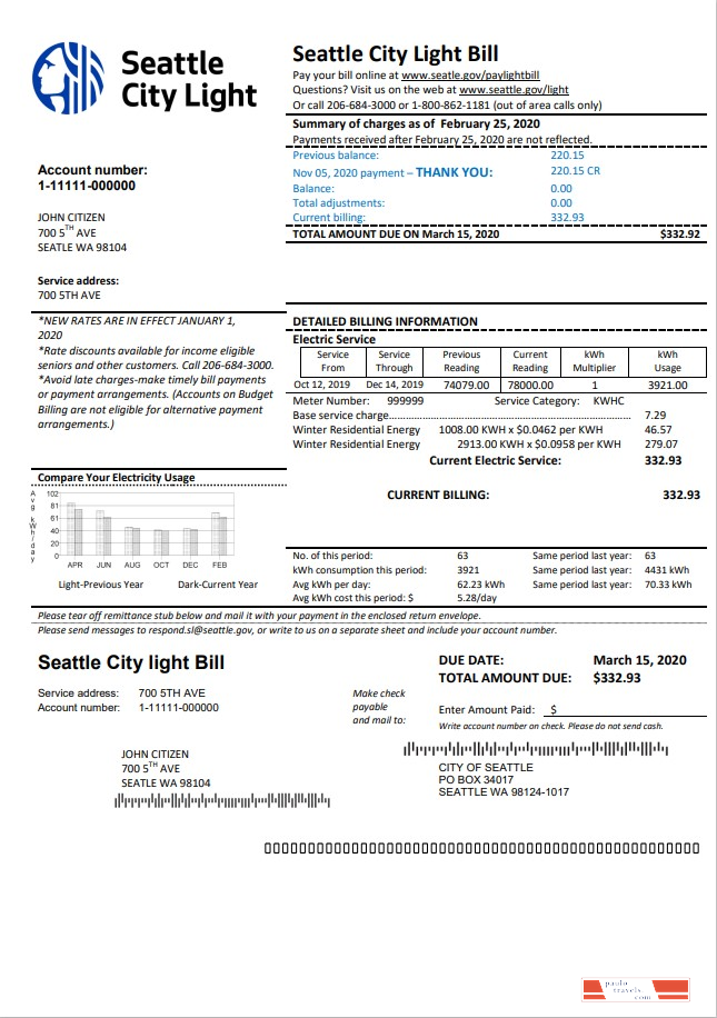 USA Washington Seattle City Light utility bill template in Word and PDF format